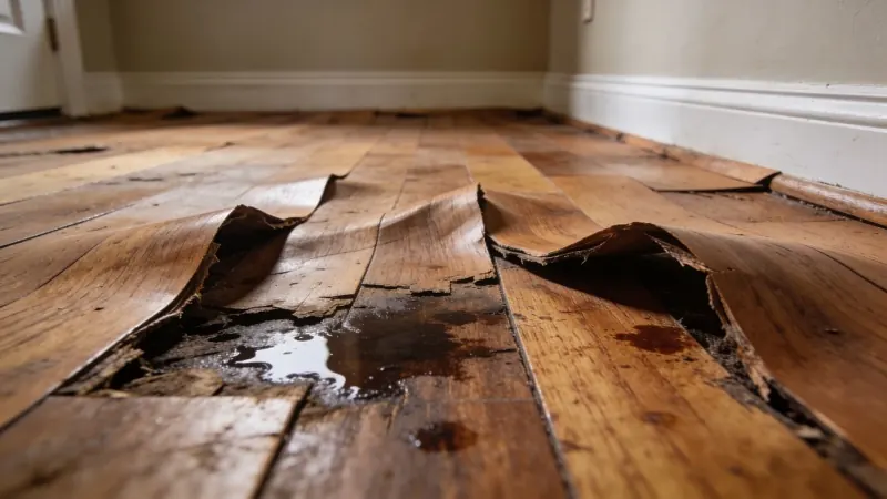 Water damaged hardwood flooring being professionally restored and refinished