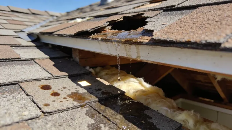 Roof leak causing water damage to ceiling and walls with professional repair underway