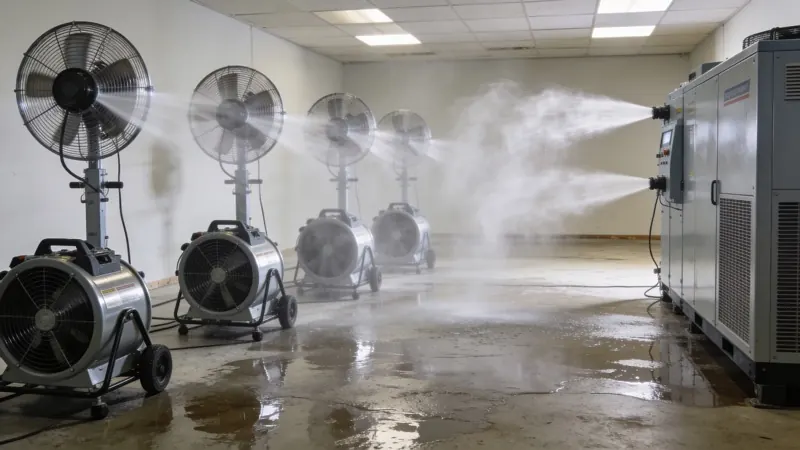 Industrial structural drying setup with LGR dehumidifiers and air movers in water damaged room
